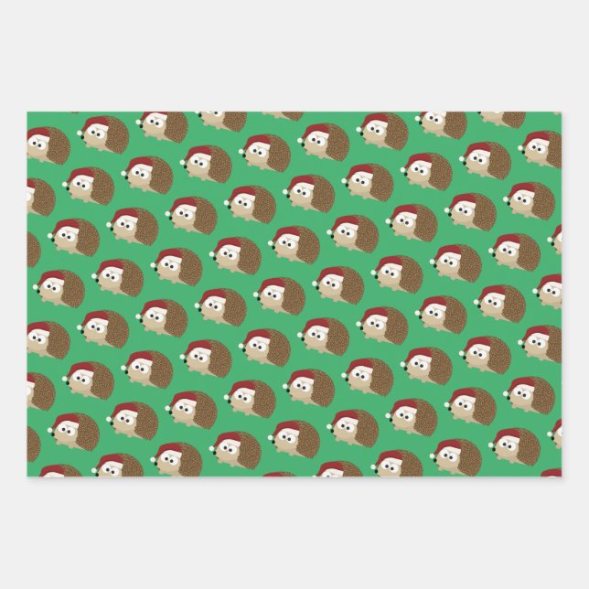 Cute  Christmas Holiday Hedgehogs Wrapping Paper Sheet (Front)
