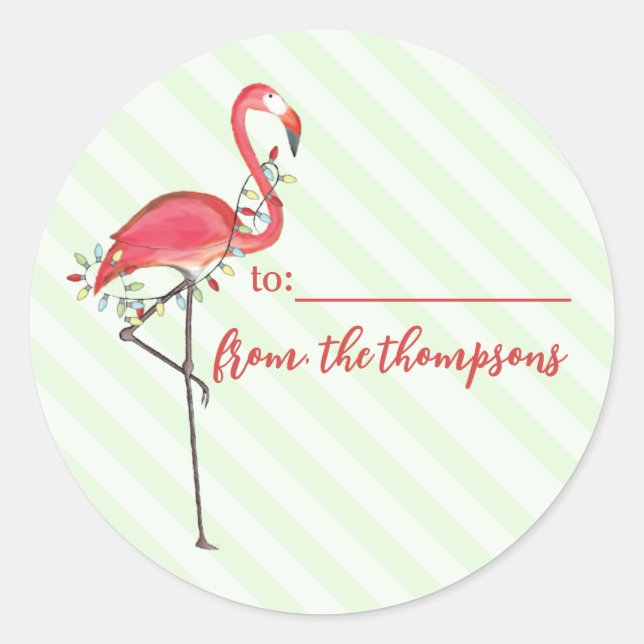 Cute Christmas Holiday Lights Pink Flamingo Beach Classic Round Sticker (Front)