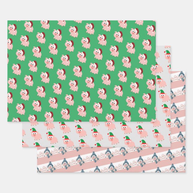 Cute  Christmas Holiday Pigs Wrapping Paper Sheet (Set)