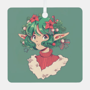 Cute Christmas Holiday Poinsettia Elf Anime Girl Metal Tree Decoration