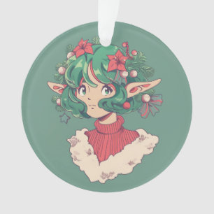 Cute Christmas Holiday Poinsettia Elf Anime Girl Ornament