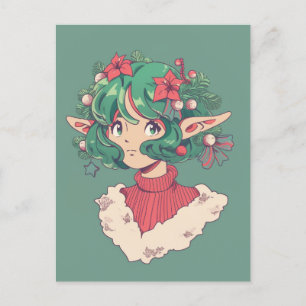 Cute Christmas Holiday Poinsettia Elf Anime Girl Postcard