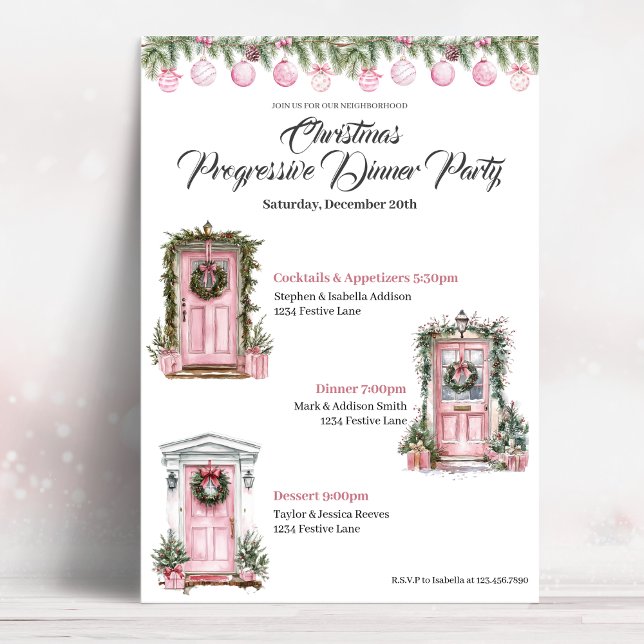 Cute Christmas Holiday Progressive Dinner Pink Invitation (Creator Uploaded)