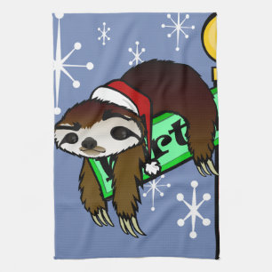 CUTE CHRISTMAS HOLIDAY SANTA SLOTH VERTICAL TEA TOWEL