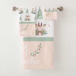 Cute Christmas Holiday Trees Bear & Deer Monogram Bath Towel Set