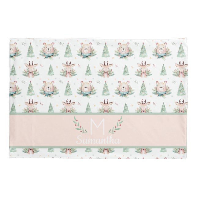 Cute Christmas Holiday Trees Bear & Deer Monogram Pillowcase (Back)