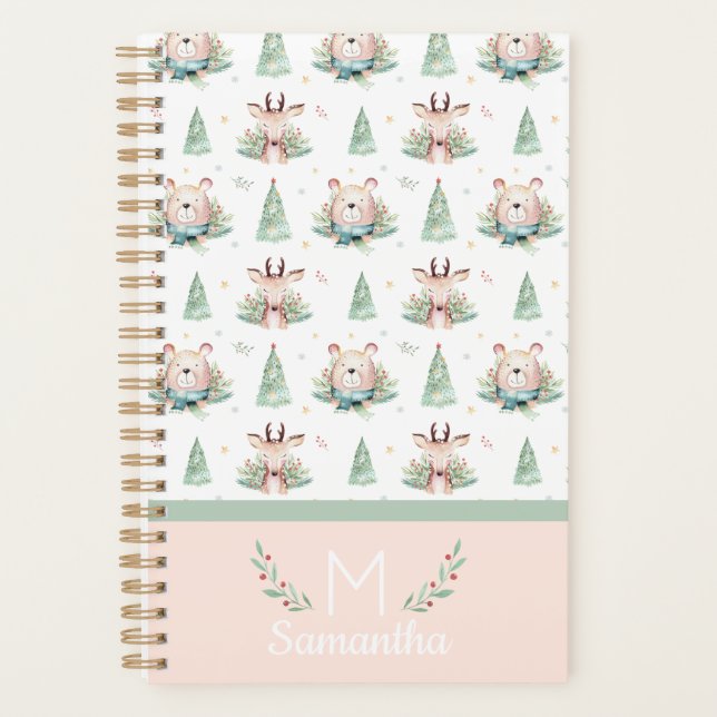 Cute Christmas Holiday Trees Bear & Deer Monogram Planner (Front)