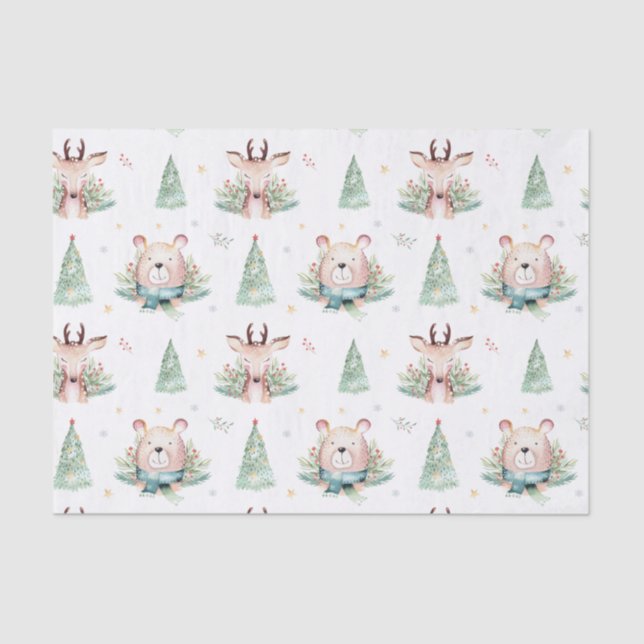 Cute Christmas Holiday Trees Woodland Bear & Deer Tissue Paper (Front)