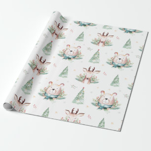 Cute Christmas Holiday Trees Woodland Bear & Deer Wrapping Paper