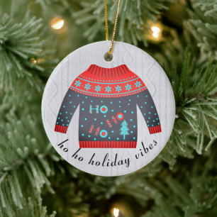 Cute Christmas Holiday Vibes Sweater Family Name Ceramic Tree Decoration