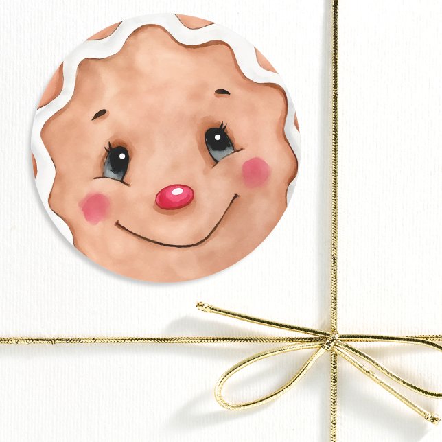 Cute Christmas Holiday Watercolor Gingerbread Face Classic Round Sticker (Creator Uploaded)
