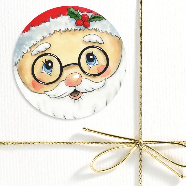 Cute Christmas Holiday Watercolor Santa Face Classic Round Sticker (Creator Uploaded)