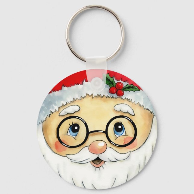 Cute Christmas Holiday Watercolor Santa Face Key Ring (Front)