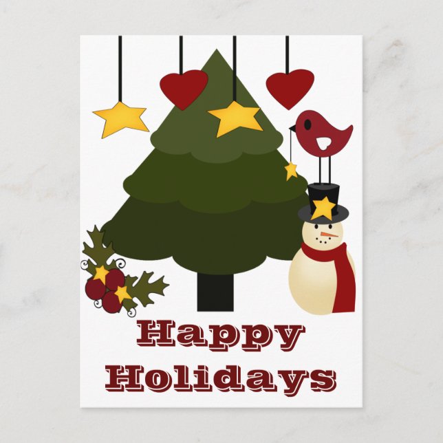 Cute Christmas Holidays Tree Snowman Stars Bird Holiday Postcard (Front)