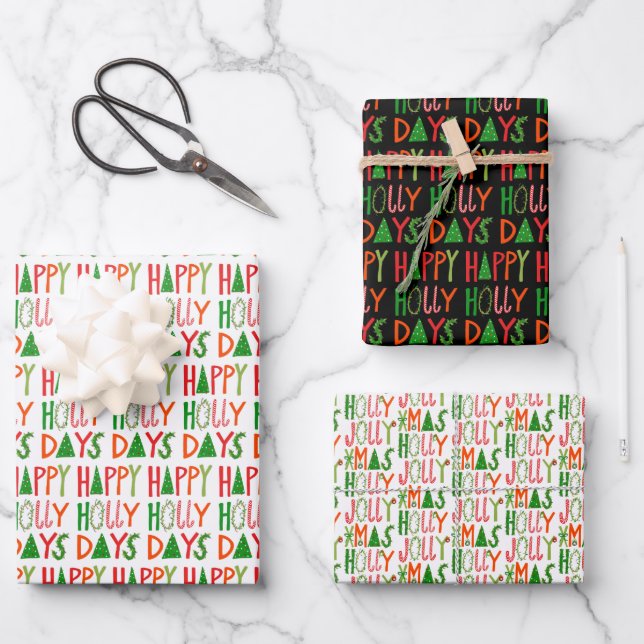 Cute Christmas Holly Days Jolly Xmas Holiday Wrapping Paper Sheet (Front)