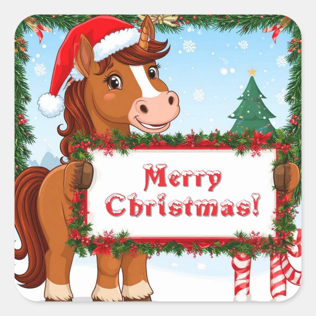 Cute Christmas Horse Square Sticker (Front)