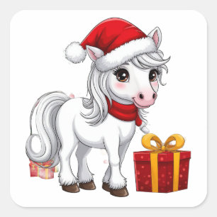 Cute Christmas Horse With Santa Hat Square Sticker