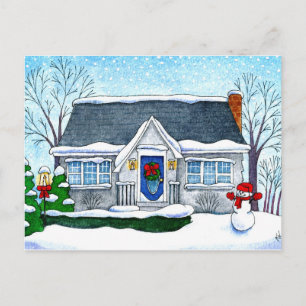 Cute Christmas house, snowman, winter postcard