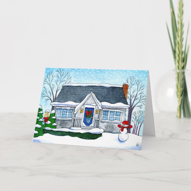 Cute Christmas house with snowman greeting card (Front)