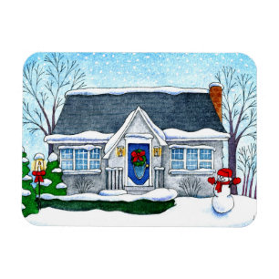 Cute Christmas house with snowman magnet