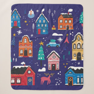 Cute Christmas houses flat vintage illustrations s Sherpa Blanket