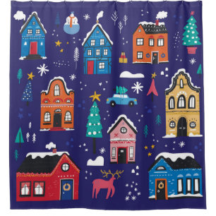 Cute Christmas houses flat vintage illustrations s Shower Curtain