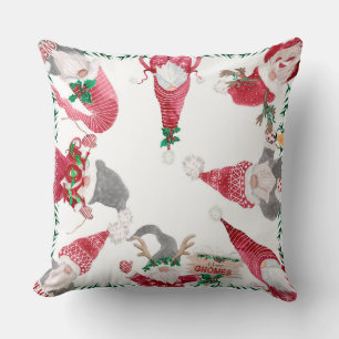Cute Christmas I Love Gnomes Watercolor Holly Leaf Cushion