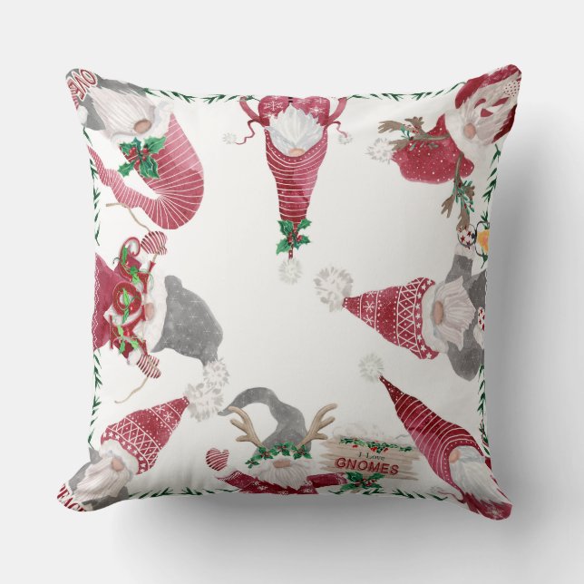 Cute Christmas I Love Gnomes Watercolor Holly Leaf Cushion (Front)