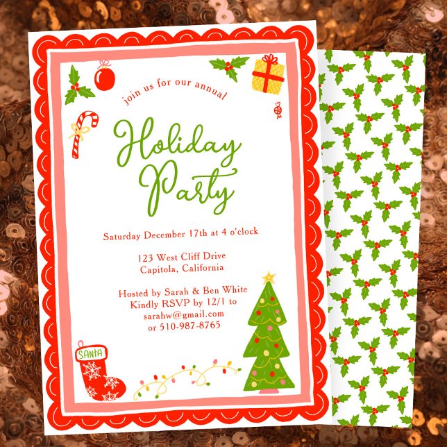 Cute Christmas Icons Scallop CUSTOM Holiday Party Invitation (Cute Christmas Icons Scalloped Edges Whimsical CUSTOM Holiday Party Invitation
)