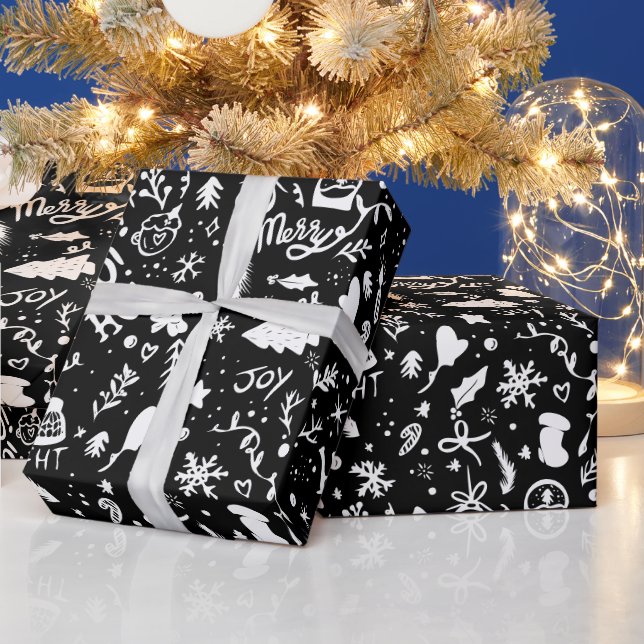 Cute Christmas illustrations pattern black Wrapping Paper (Holidays)