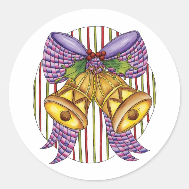 Cute Christmas Jingle Bells with Ribbon and Bow Classic Round Sticker (Front)
