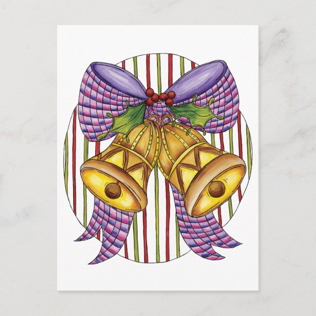 Cute Christmas Jingle Bells with Ribbon and Bow Holiday Postcard (Front)