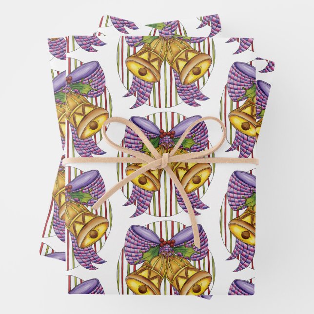 Cute Christmas Jingle Bells with Ribbon and Bow Wrapping Paper Sheet (In situ)