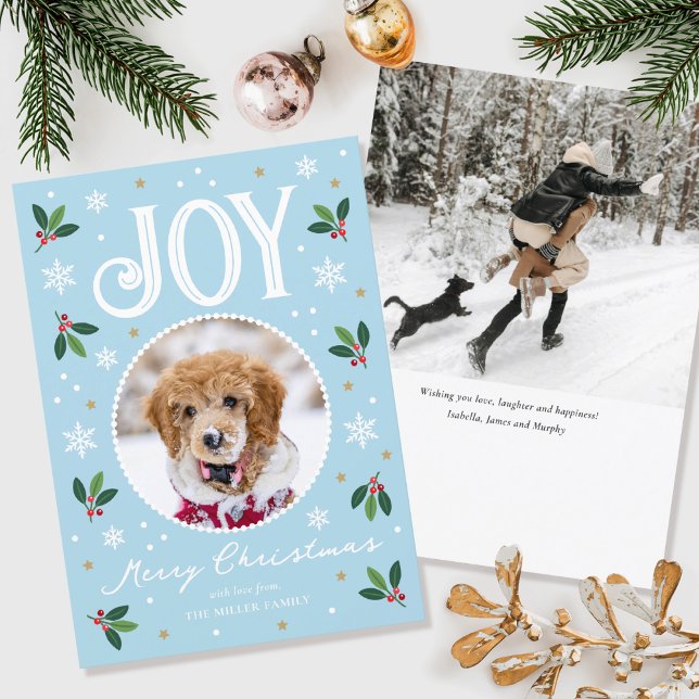 Cute Christmas Joy Custom Name Photo Blue Holiday Card (Creator Uploaded)
