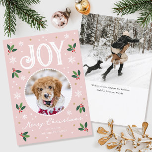 Cute Christmas Joy Custom Name Photo Pink Holiday Card