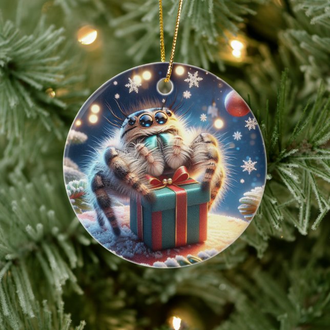 Cute Christmas Jumping Spider Holding a Gift Ceramic Tree Decoration (Tree)