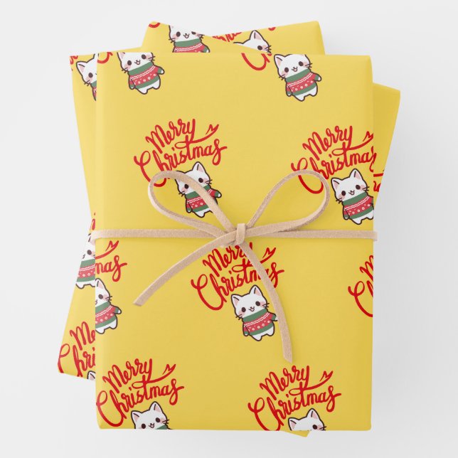Cute Christmas Kawaii Kitten on Yellow Background Wrapping Paper Sheet (In situ)