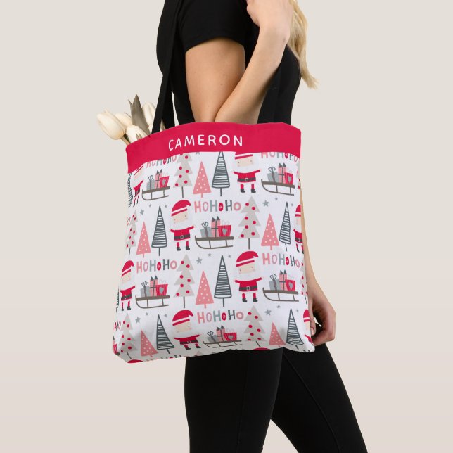 Cute Christmas Kawaii Santa Trees Red Personalised Tote Bag (Close Up)