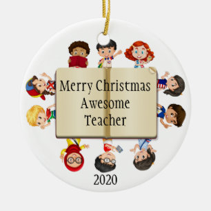 Cute Christmas Kids Cartoon on Book for Teachers Ceramic Tree Decoration