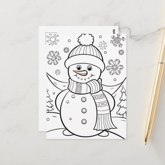 Cute Christmas kids colouring Snowman Postcard (Front/Back In Situ)