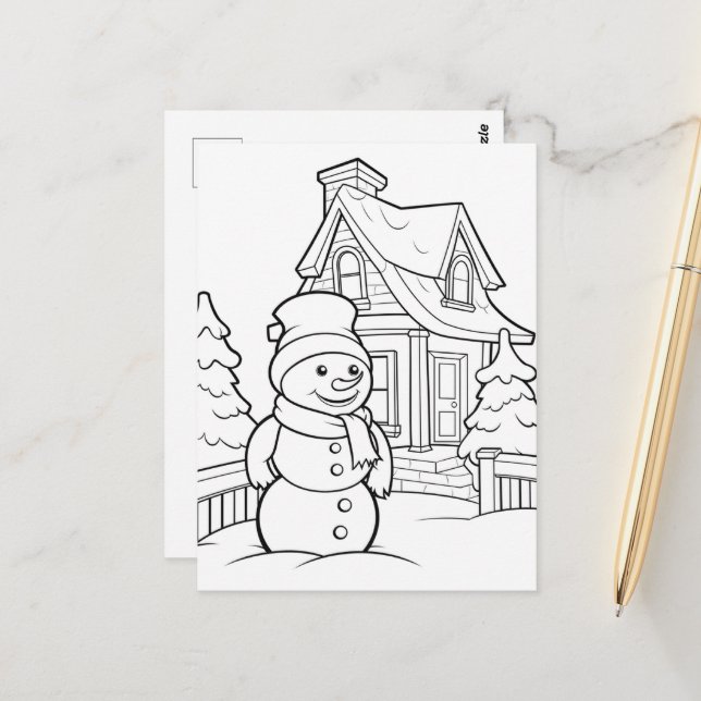 Cute Christmas kids colouring Snowman Postcard (Front/Back In Situ)