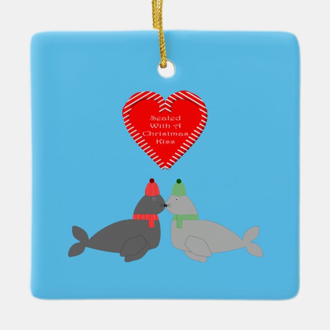 Cute Christmas Kissing Seals Custom Ceramic Ornament (Front)