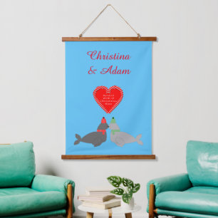 Cute Christmas Kissing Seals Custom Names Hanging Tapestry