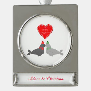 Cute Christmas Kissing Seals Custom Silver Plated Banner Ornament