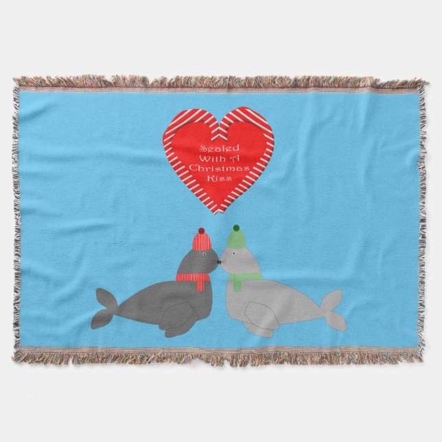 Cute Christmas Kissing Seals Throw Blanket (Front)