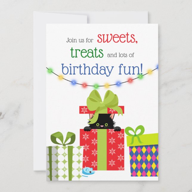 Cute Christmas Kitten and Gifts Winter Birthday In Invitation (Front)