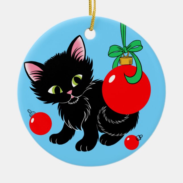Cute Christmas Kitten Ceramic Tree Decoration (Front)