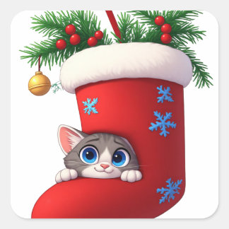 🎄 Cute Christmas Kitten Hiding In Stocking 🐾 Square Sticker