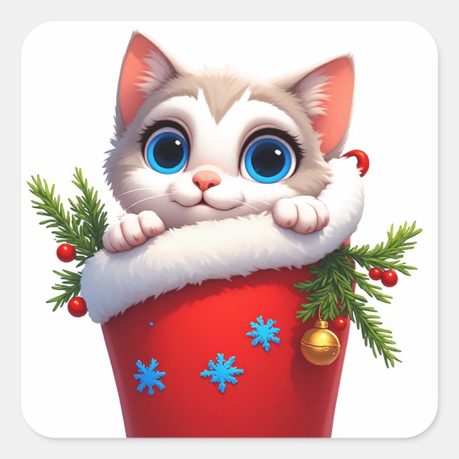 🎁 Cute Christmas Kitten Holiday Stocking Scene 🐾 Square Sticker (Front)