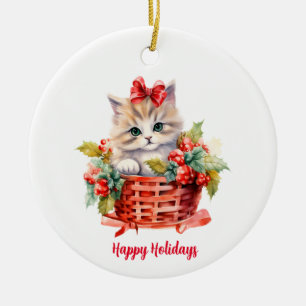 Cute Christmas Kitten in a Basket Ceramic Tree Decoration